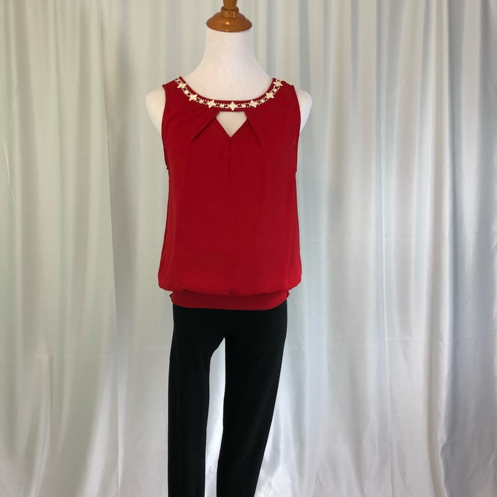Embellished Neckline Front Keyhole Chiffon Top